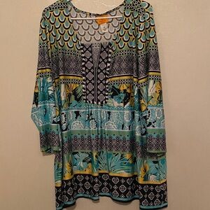 Ruby Rd. Blue and Yellow Patterned Tunic V-Neck Sz 3X Floral Tropical